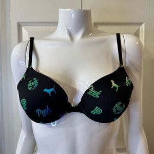 PINK Victoria's Secret Black Bra with Green and Blue Logo